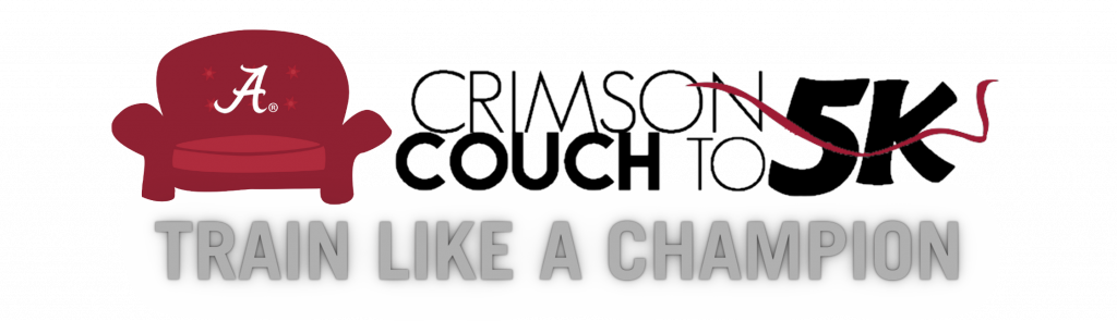 Drawing of a red couch next to the words Crimson Couch to 5K Underneath it reads, Train like a champion