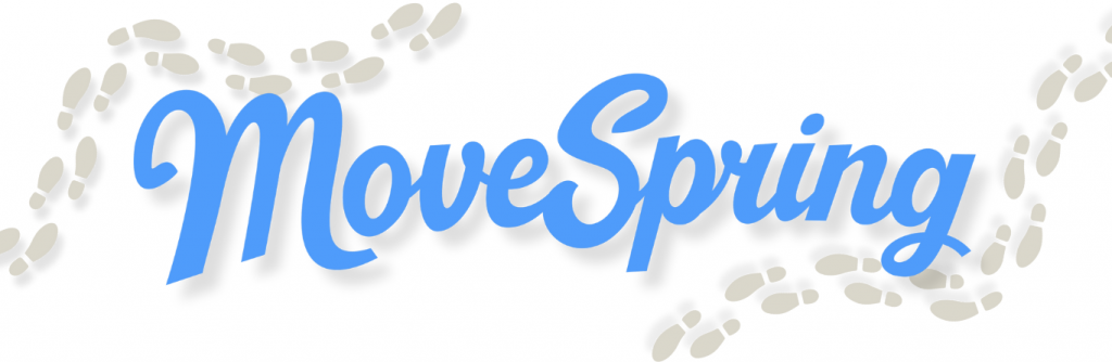 MoveSpring logo in blue with tan footprints traveling around the word