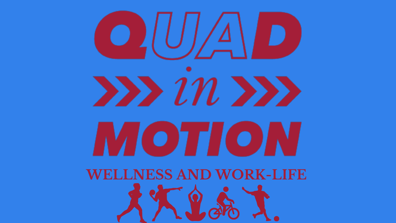 Quad in Motion red logo with graphic icons of people being active