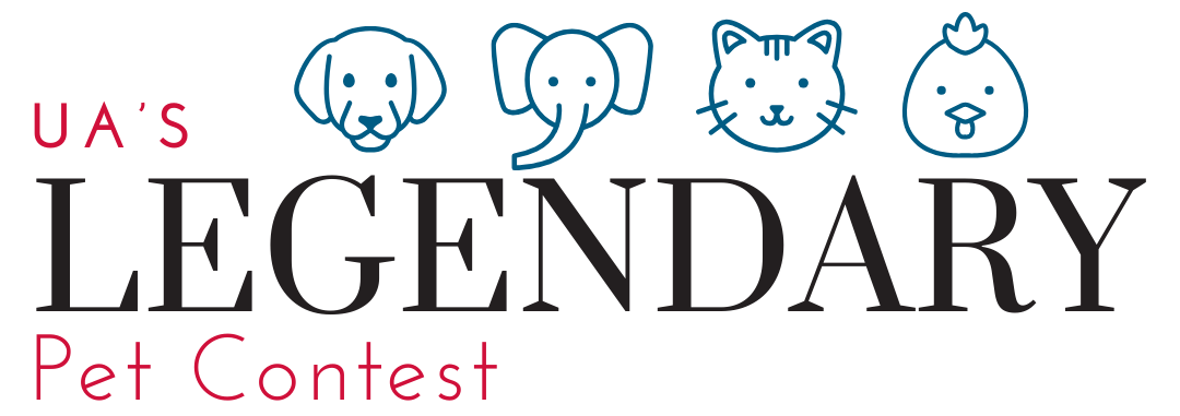 UA's Legendary Pet Contest logo UA in red with 4 outlined animals in blue: dog, elephant, cat, chicken Legendary black underneath with Pet contest in red at the bottom