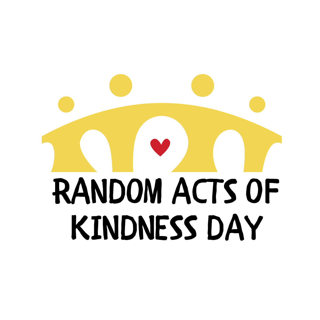 Random Acts of Kindness Day yellow images of people holding arms with a heart in the middle