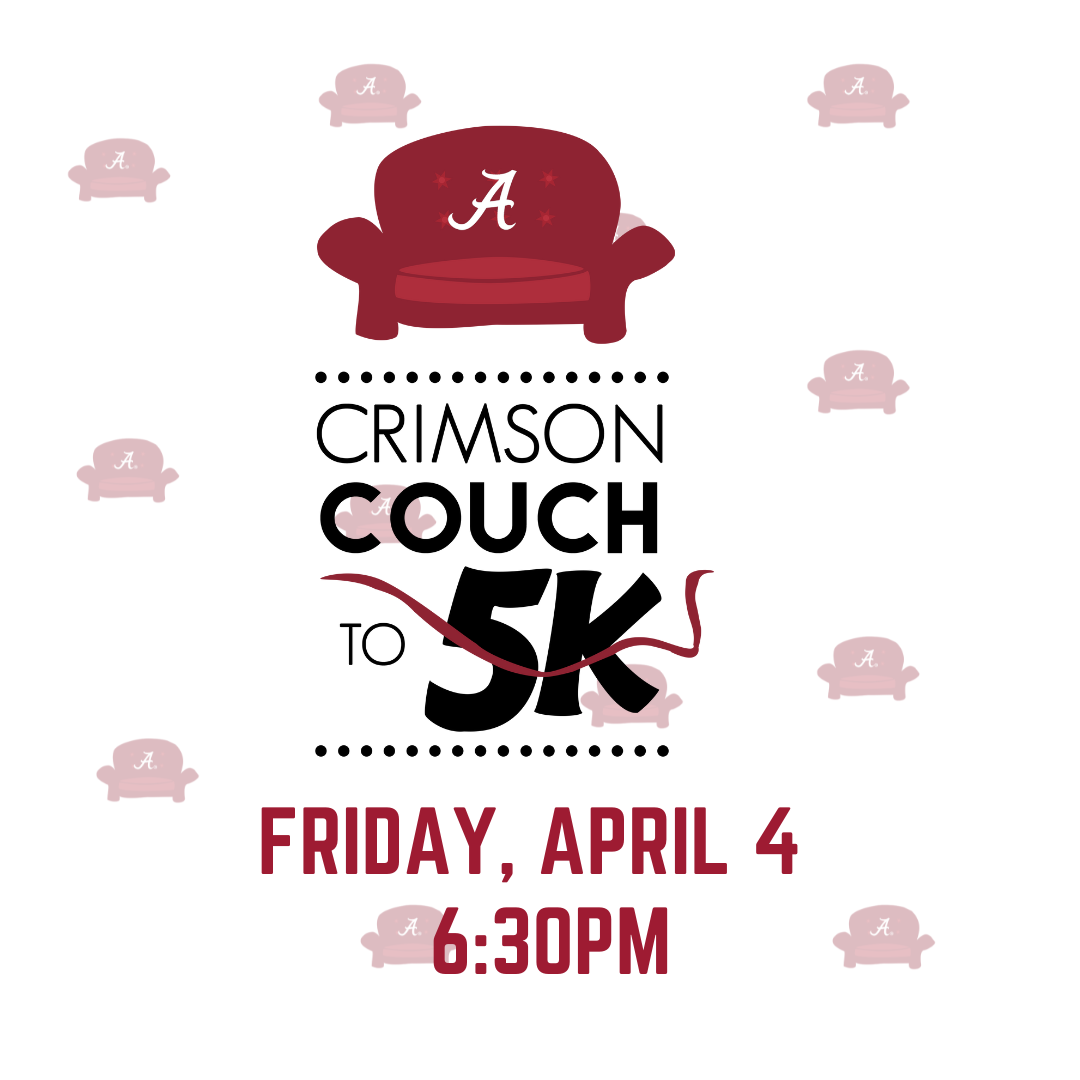 red couch image for Crimson Couch to 5K event Friday April 4 at 6:30 pm