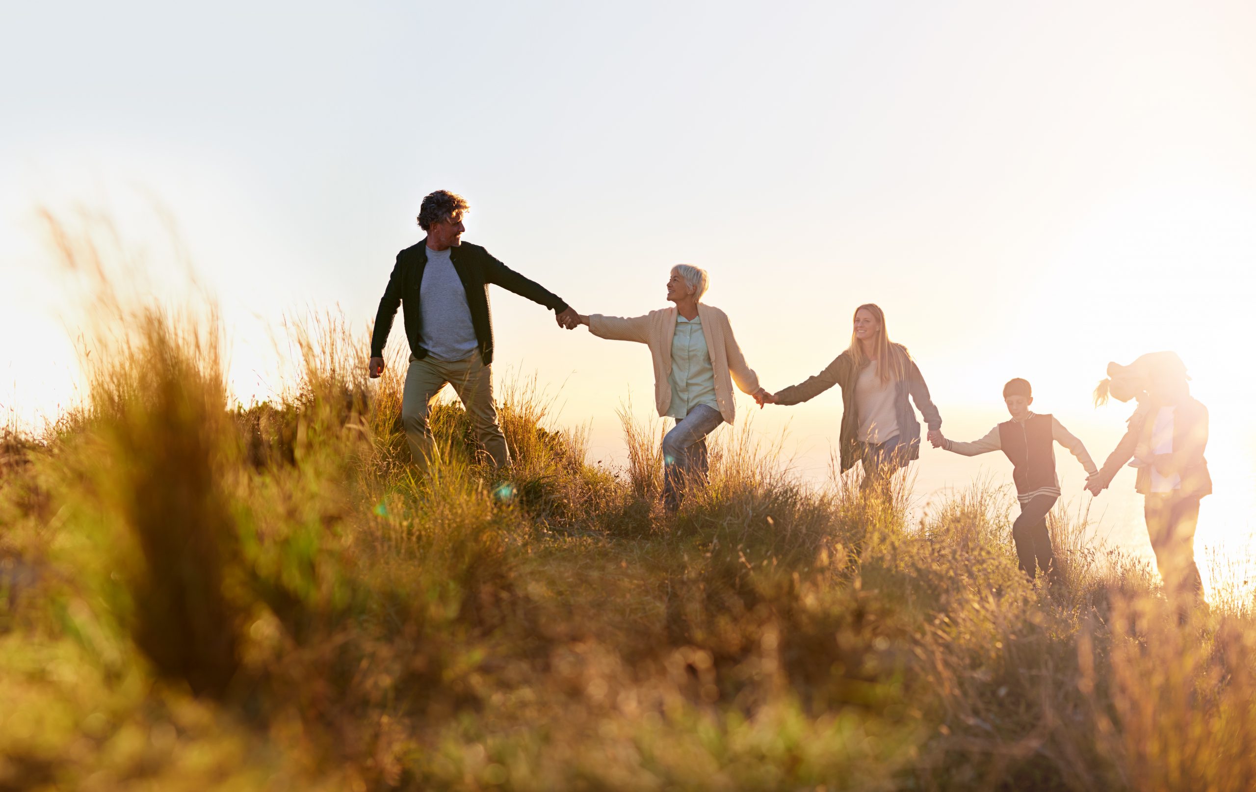 Shot of a multi-generational family walking hand in hand across a field at sunset