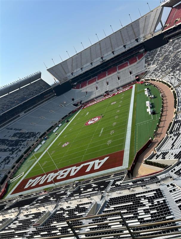 Alabama football field taken from high up in the stadium seating
