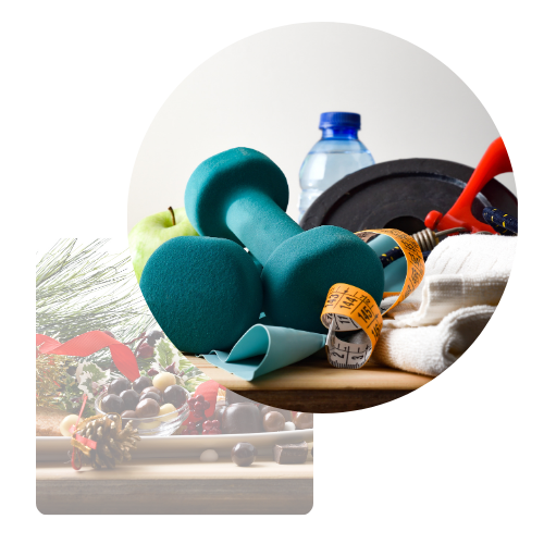 hand weights and measuring tape over a plate of holiday sweets.