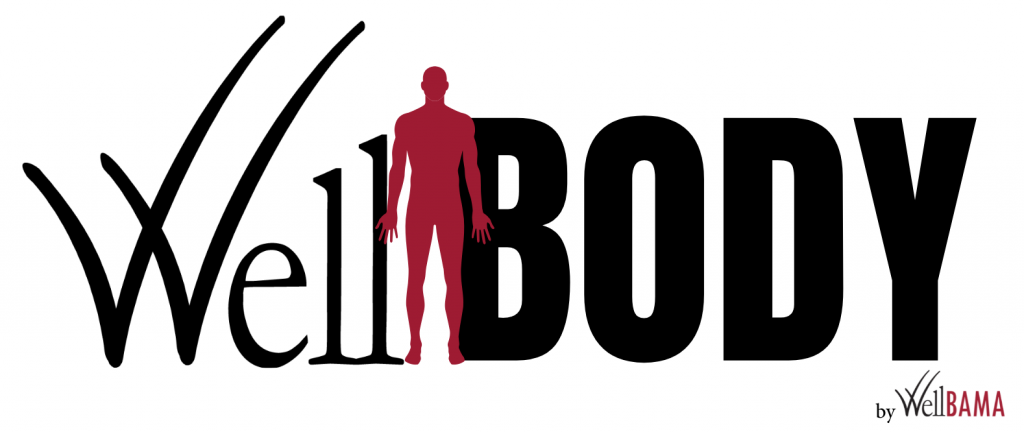 WellBODY logo with black letters and red figure in the middle of the title