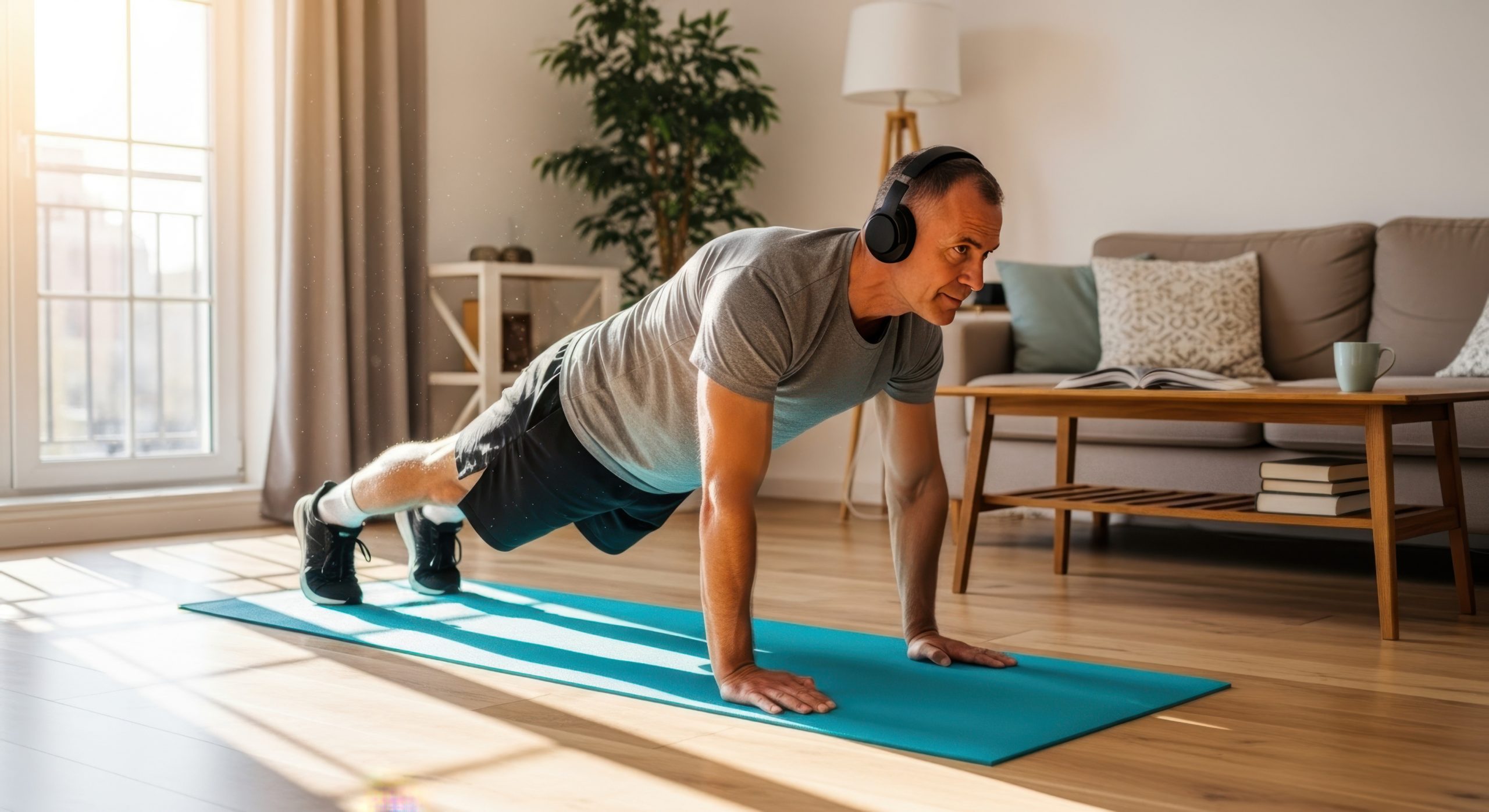 Focused man doing pushups at home on exercise mat while listening to music with headphones. Pushups are part of focused man's fitness routine,