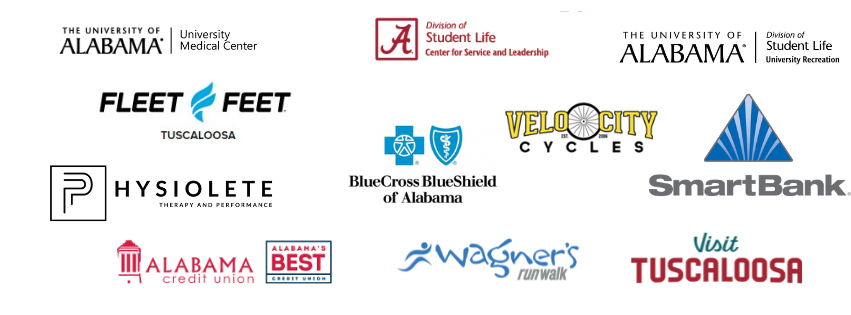 List of logos: Alabama Medical Center, Student Life Center for Service and Leadership, Student life UREC, Fleet Feet, BlueCross BlueShield, VeloCity Cycles, SmartBank, Physiolete, Alabama Credit Union, Wagner's RunWalk, Visit Tuscaloosa